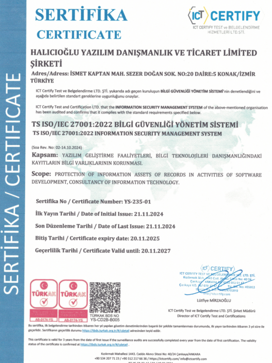 ISO 27001 Bilgi Güvenliği Yönetim Sistemi Sertifikası