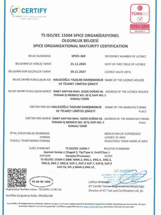 ISO 15504 SPICE Organizasyonel Olgunluk Belgesi