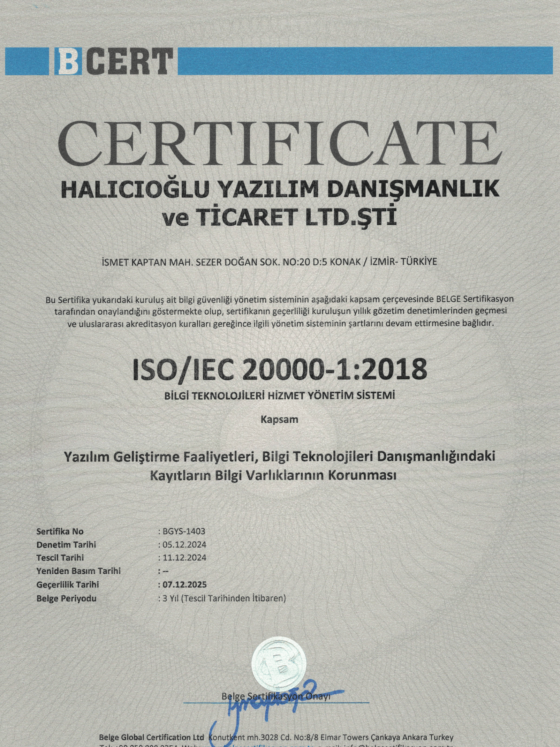 ISO 20000 Bilgi Teknolojileri Hizmet Yönetim Sistemi Sertifikası