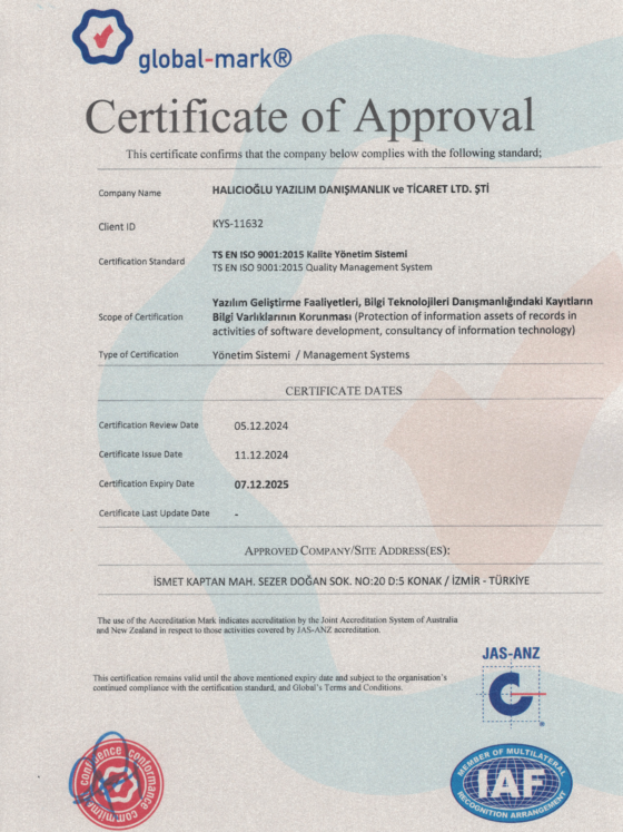 ISO 9001 Kalite Yönetim Sistemi Sertifikası