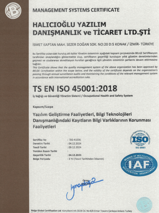 ISO 45001 İş Sağlığı ve Güvenliği Yönetim Sistemi Sertifikası