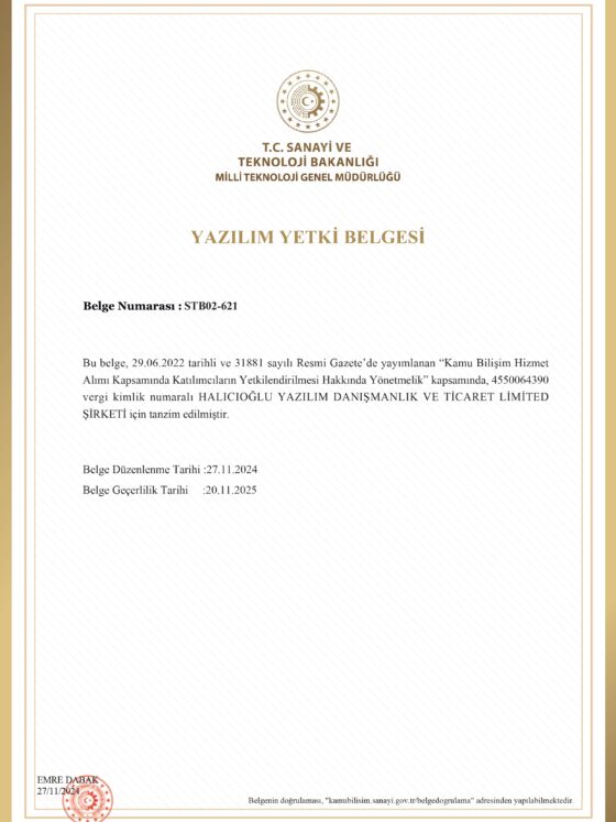 T.C. Sanayi ve Teknoloji Bakanlığı - Yazılım Yetki Belgesi